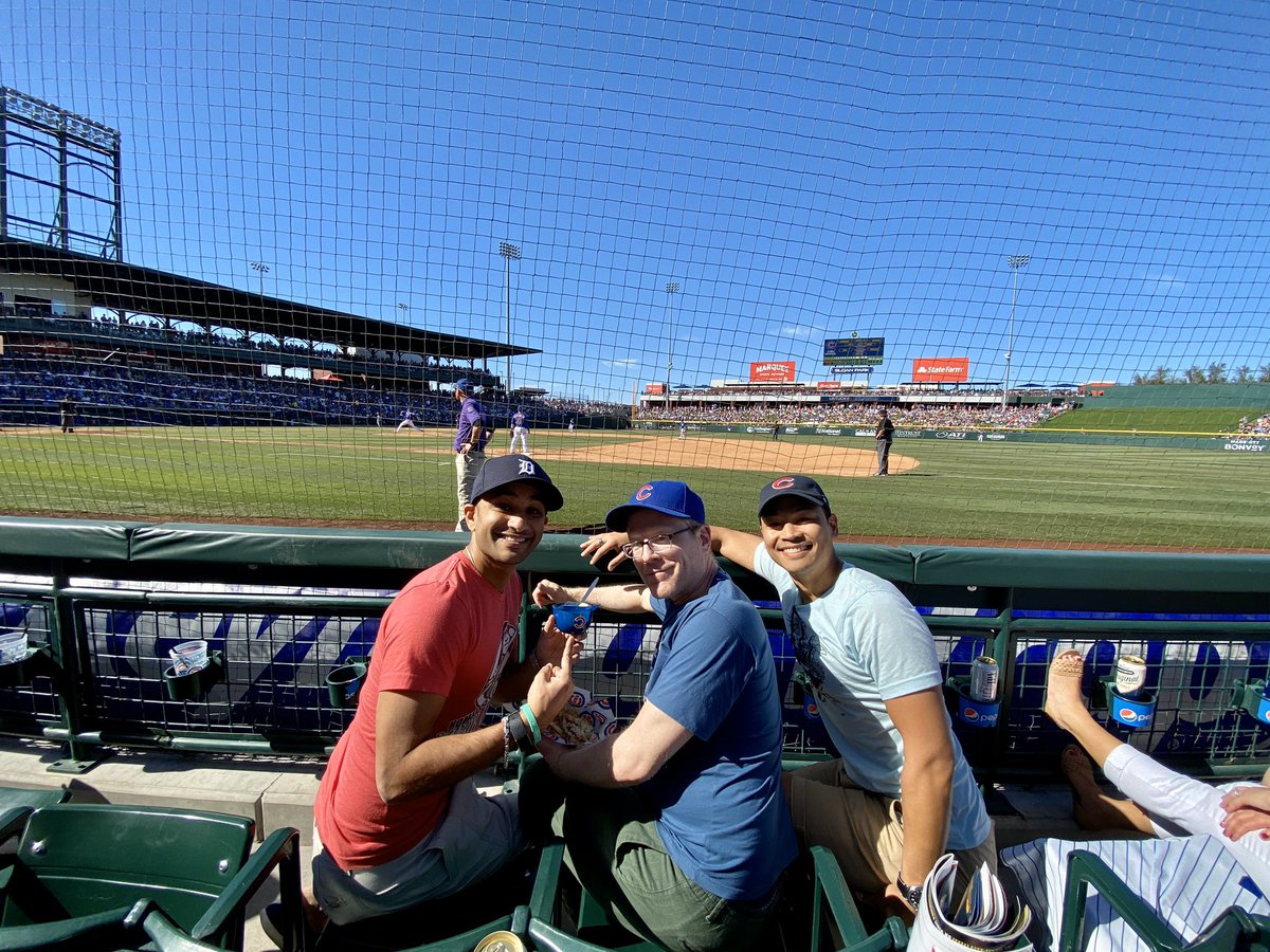 RoundingThirdMJ's tweet photo. Somehow, @albinokid and I have never done Spring Training together. Ken pointed that out to us and we immediately had to remedy that. There is no place on Earth I would rather be. White Sox vs. Cubs. First mini helmet ice cream of the season. Let's go! https://t.co/fzZTmwSYEL