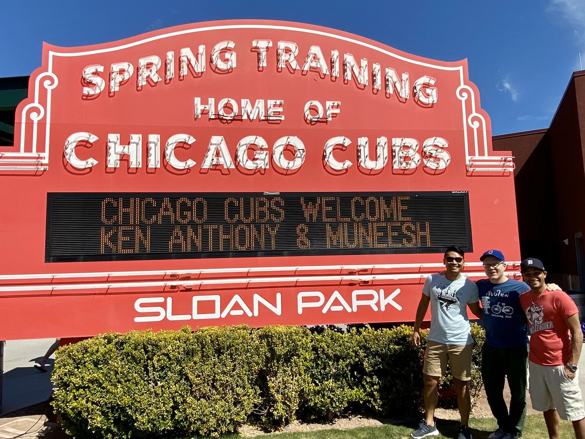 RoundingThirdMJ's tweet photo. Somehow, @albinokid and I have never done Spring Training together. Ken pointed that out to us and we immediately had to remedy that. There is no place on Earth I would rather be. White Sox vs. Cubs. First mini helmet ice cream of the season. Let's go! https://t.co/fzZTmwSYEL