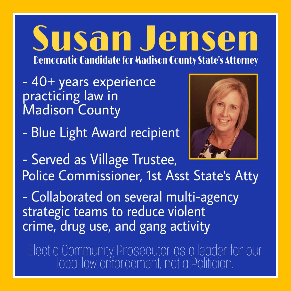 Vote_S_Jensen's tweet photo. Susan was also elected to serve as a Village Trustee in Glen Carbon.
#Vote #SusanJensen #StateAttorney #March17 #votesusanjensen https://t.co/N9RkLP7iyk