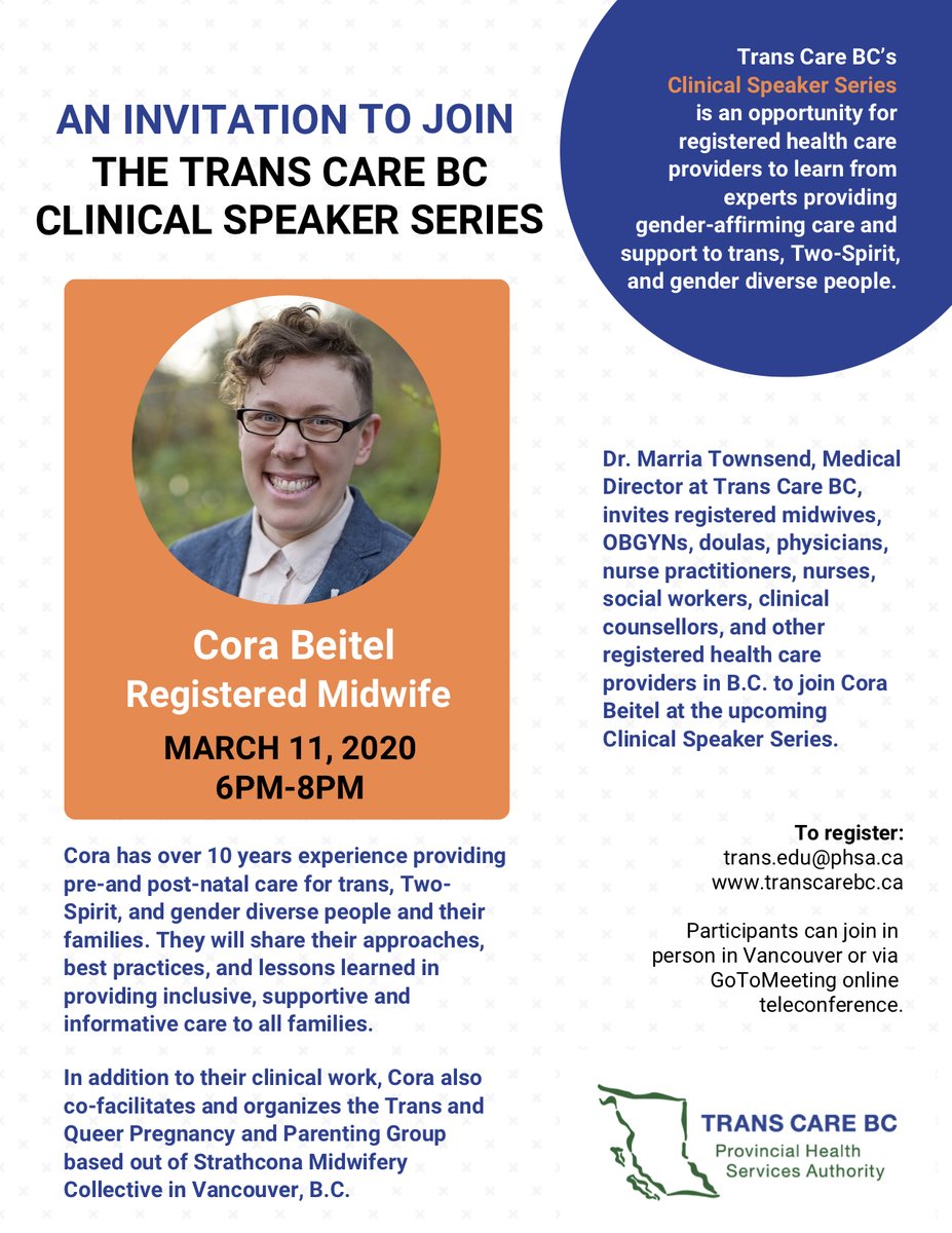 LGBTQ_Research's tweet photo. Cora Beitel, midwife, will be presenting at the Trans Care BC Clinical Speaker Series, sharing   best practices &amp; lessons learned in providing inclusive care to all families. 

https://t.co/mPNkwwqv67

In Vancouver AND online
March 11th

To register: 
trans.edu@phsa.ca https://t.co/eUwQ5UcPsc