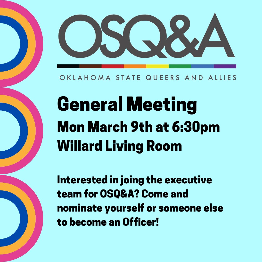Hey everyone we have an important general meeting coming up! Its time elections for the OSQ&amp;A executive team! If you're interested in a role, come to this meeting to nominated yourself or others to positions and be ready for the actual voting in April!

Hope to see you there ^_^