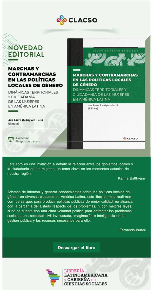 analauragusta's tweet photo. A propósito del 8M libro "Marchas y contramarchas en las políticas locales de género" que edité con contribuciones de diversas colegas. Publicado @_CLACSO https://t.co/2u5u5laGiP