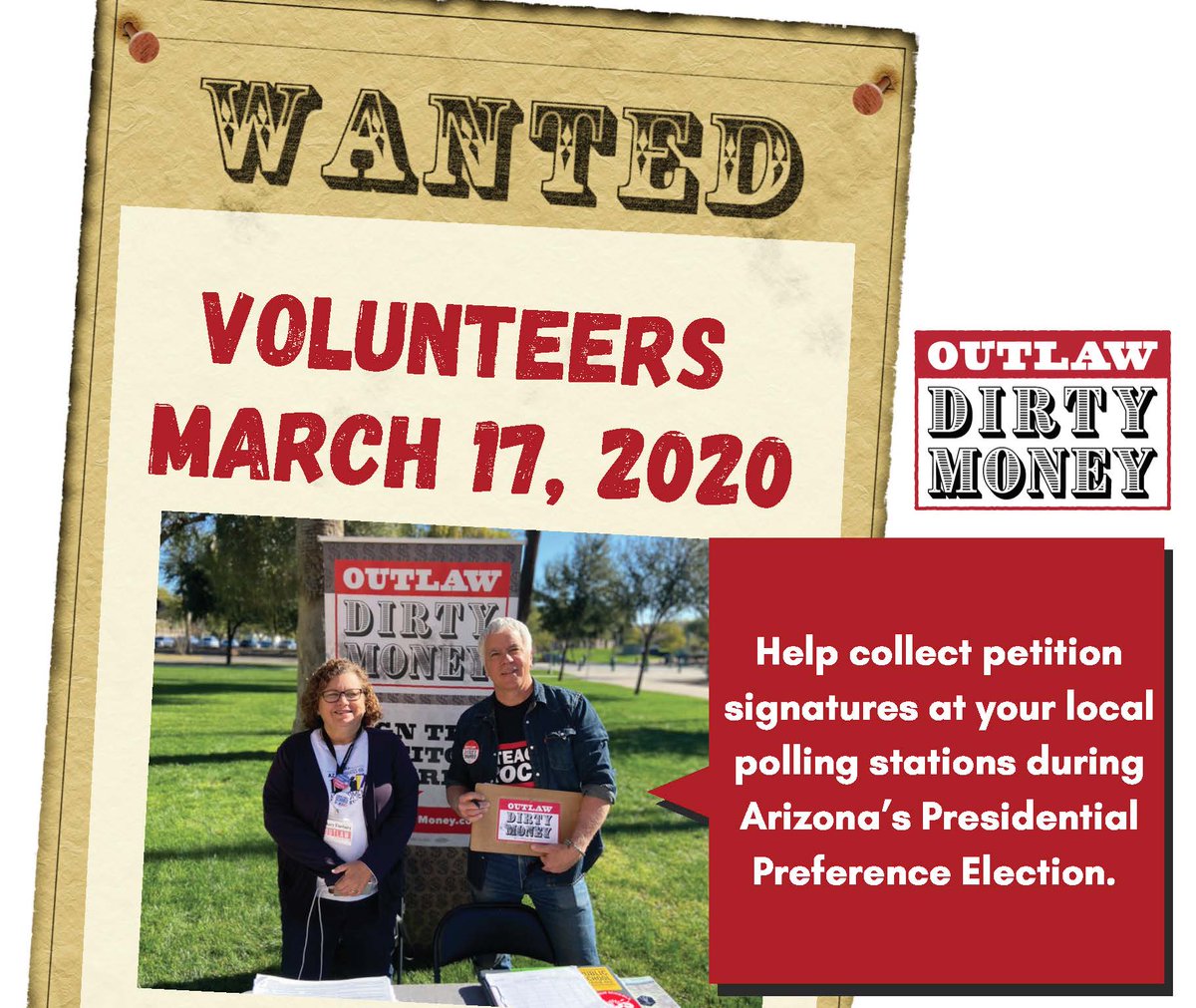 We need your help collecting signatures to #outlawdirtymoney on March 17th! If you believe Arizona has the right to know who is influencing their elections, sign up below to gather signatures on Presidential Primary Day.

bit.ly/ppe-signup

#darkmoney #democraticprimaries