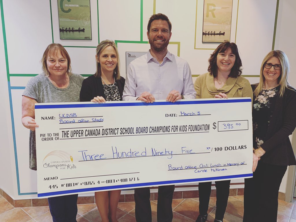 C4KFoundation's tweet photo. #UCDSB Brockville Board Office staff held a chili lunch and raised $395 to be donated to the foundation in memory of a beloved colleague. Pictured here are the ladies who organized the event along with #C4K President Casey Nelson. Thank you! https://t.co/XeCv9AeKXK