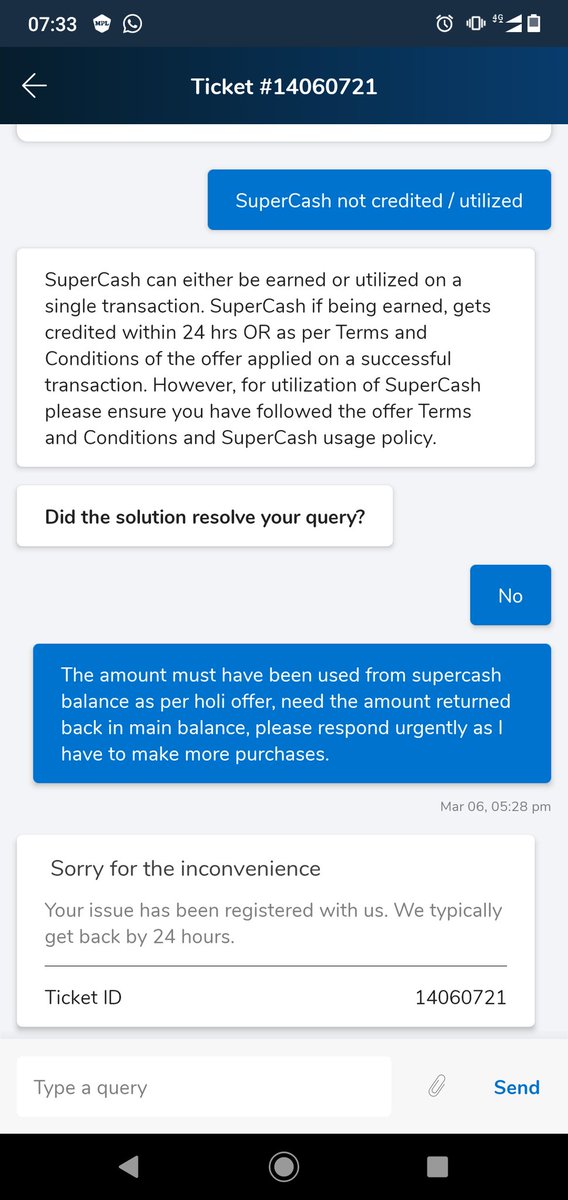 AmanTagra's tweet image. @MobiKwik Ticket#14060721, This is fraud and I need a very quick response on this, I was not able to use supercash on my transaction of rs 110 at Cafe Coffee day, as per holi offer. Such incidences malign the image and decrease the confidence #fakeoffers #Mobikwik #Systembug