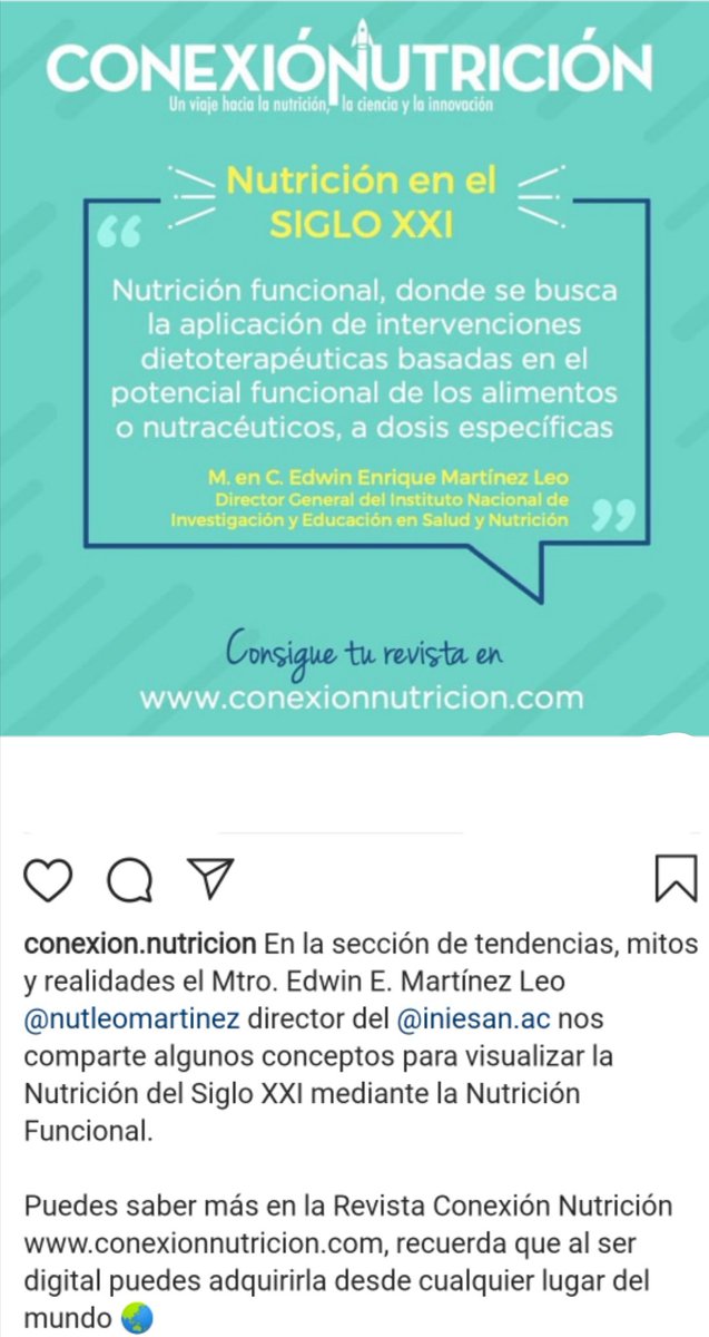 En la sección de tendencias, mitos y realidades el Mtro. Edwin E. Martínez Leo director del INIESAN nos comparte algunos conceptos para visualizar la #Nutrición del Siglo XXI mediante la #NutriciónFuncional
Puedes saber más en  conexionnutricion.com