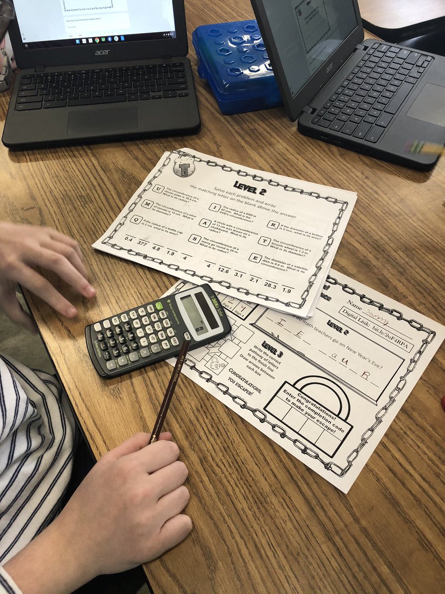 A_M_Summers's tweet photo. Today was all about #APPLICATION of the last 2 weeks of instruction on #CIRCLES! Started with a group sort that made Ss think about the use of #FORMULAS then my first #ESCAPEROOM !  #deeperlearning #challenge #teammwork @FMSFLUCOS @meagan_tenia @tblkerr https://t.co/dMEBy3mdzj