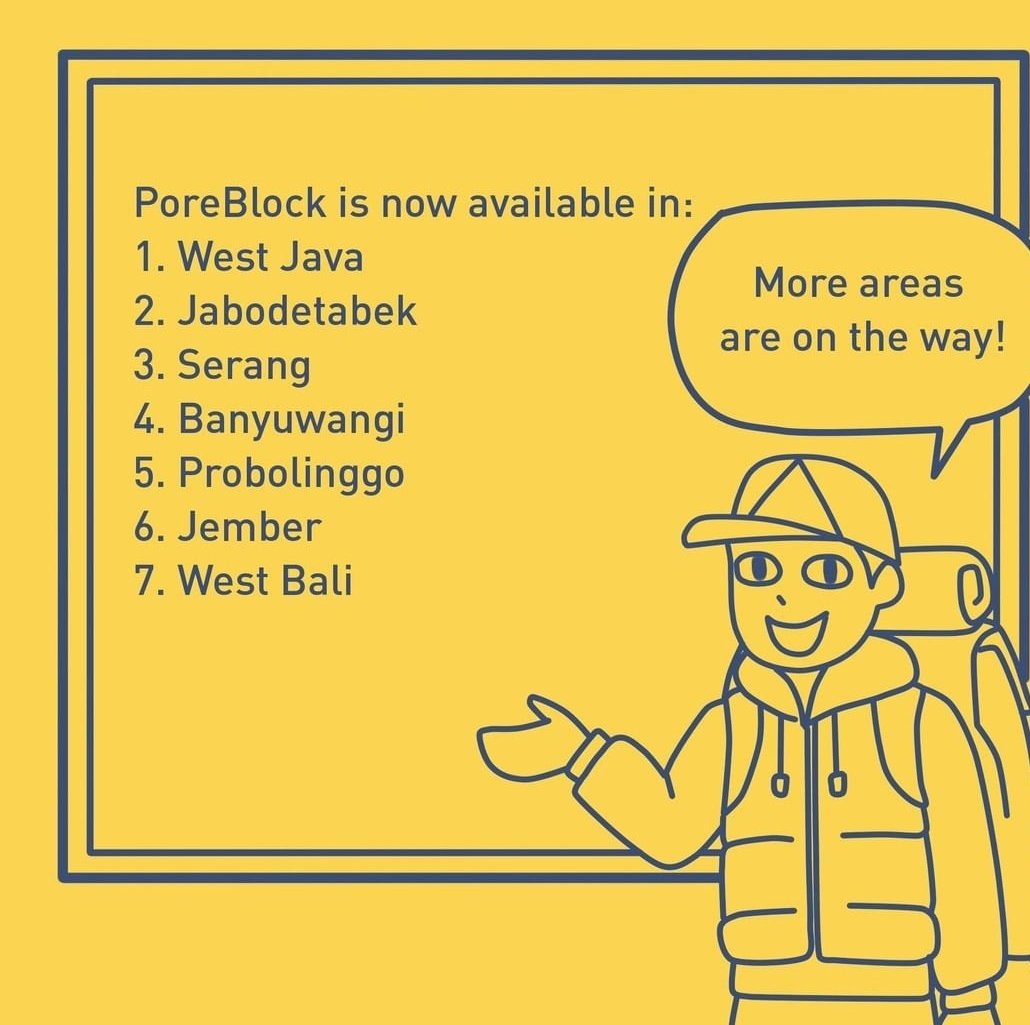 poreblock's tweet photo. Pagi gaes! Weekend is finally here π₯³
Btw, udah pada tau belum #PoreBlock sudah tersedia di daerah mana aja?
Tada! Ini Topal mau ngasih tau daerah2 tempat PoreBlock tersedia!
Mau pesan bisa DM lgsg ke twitter ini!!! Yuk ah pakai produk ramah lingkungan!! https://t.co/BcBmDMraIk