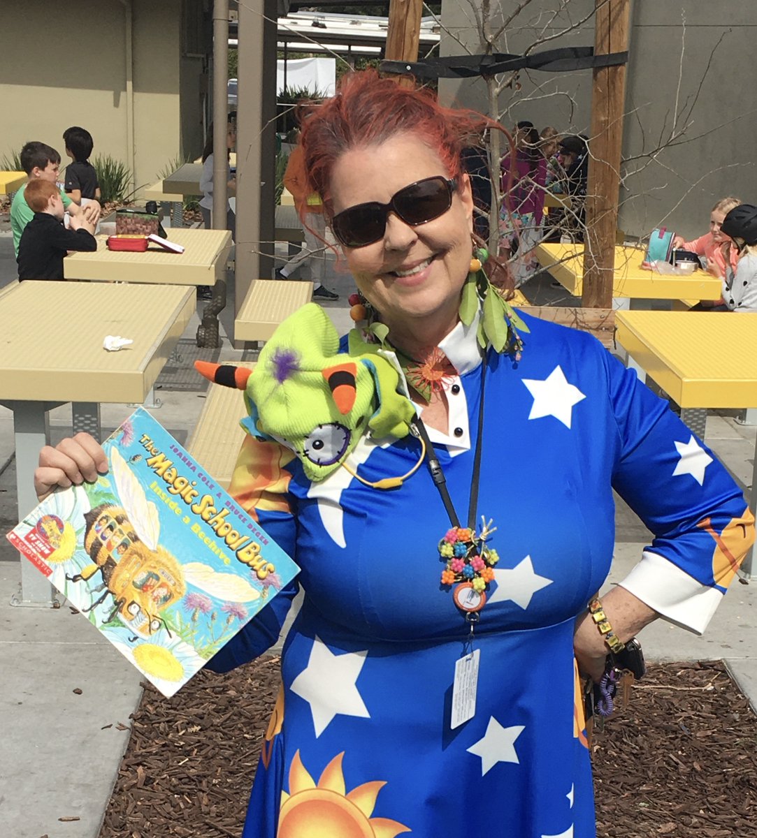 TiceCreekWC's tweet photo. Ms. Papini is all in as Ms. Frizzle for "Dress Like a Character" day. Nailed it! @JoannePapini #WCSDHeroes #favoritebookcharacters https://t.co/jqelgBX1DV