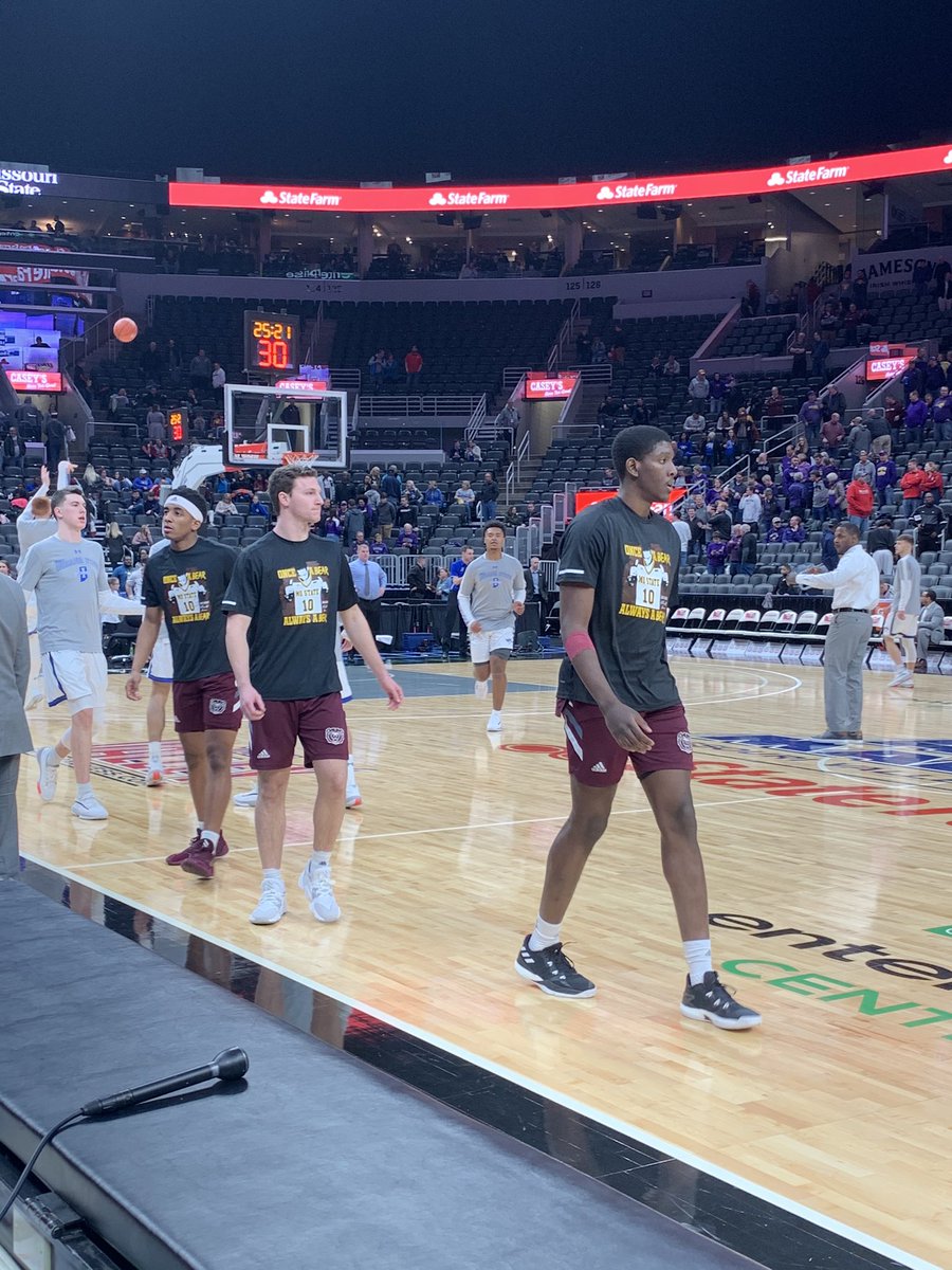 clairengibson's tweet photo. Missouri State is wearing warm up shirts that say “Once a Bear, Always a Bear” in honor of MSU recruit AJ James who was killed in an accidental shooting earlier this week. https://t.co/u7yAMiO8PM