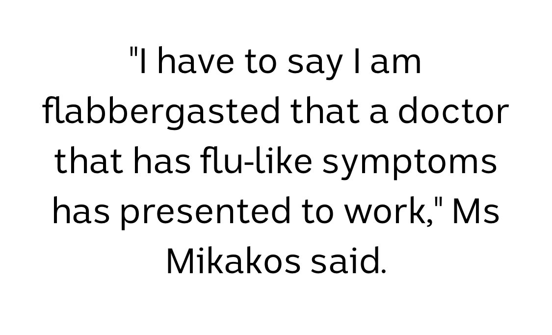 Medicine relies on doctors working when sick &amp; fatigued. On many shifts I have been more unwell than my patients. There is zero cover provided to replace sick doctors so we turn up &amp; work. This is the culture that your under-resourced health system has created @JennyMikakos