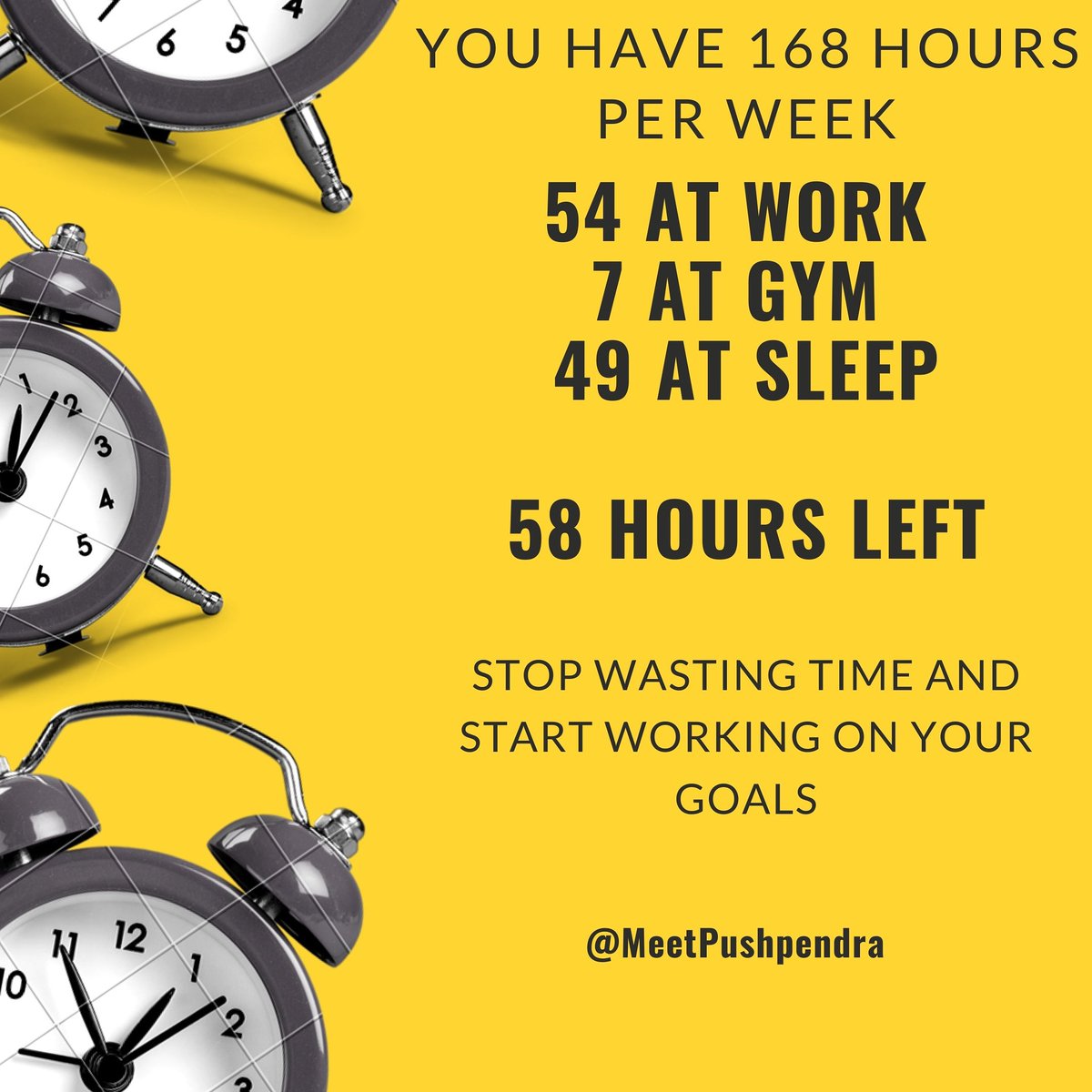 MeetPushpendra's tweet photo. If you spending more than 50 hours per week on your work then you are doing really something wrong. Plan your days properly, stop giving excuses and work on your goals.

#TIME #TimeManagement #Productivity #Titans #Love #Goals #GoalSetting #Aim #Startegy #Leadership https://t.co/qwzp8nSSYP