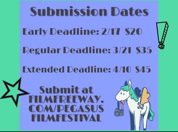 pegasusfilm's tweet photo. Submission date deadlines! March 21st is the regular deadline- so, get those films in! 🎥😎 #pegasus #film #filmfestival #Pegasusff #Pegasusff2019 #Pegasusff2020 #DallasFilm #TexasFilm #VideoFest https://t.co/CQBbZIlflE