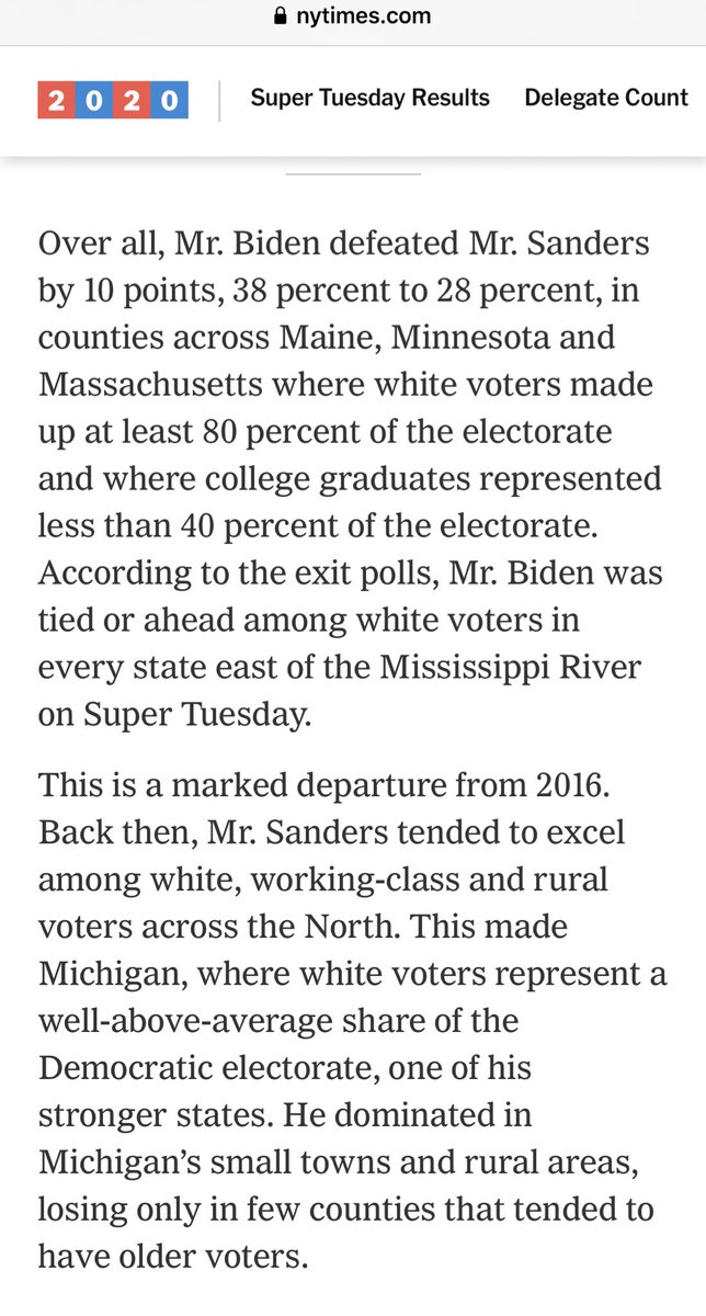  More receipts on how “well” the  #BernieTheAlienator playbook for courting White voters with the Alt Left Southern Strategy worked for him on Super Tuesday, and why that might hamper his efforts in Michigan and beyond:  https://www.nytimes.com/2020/03/06/upshot/bernie-sanders-michigan-problem.html  #coalitionbuilding 