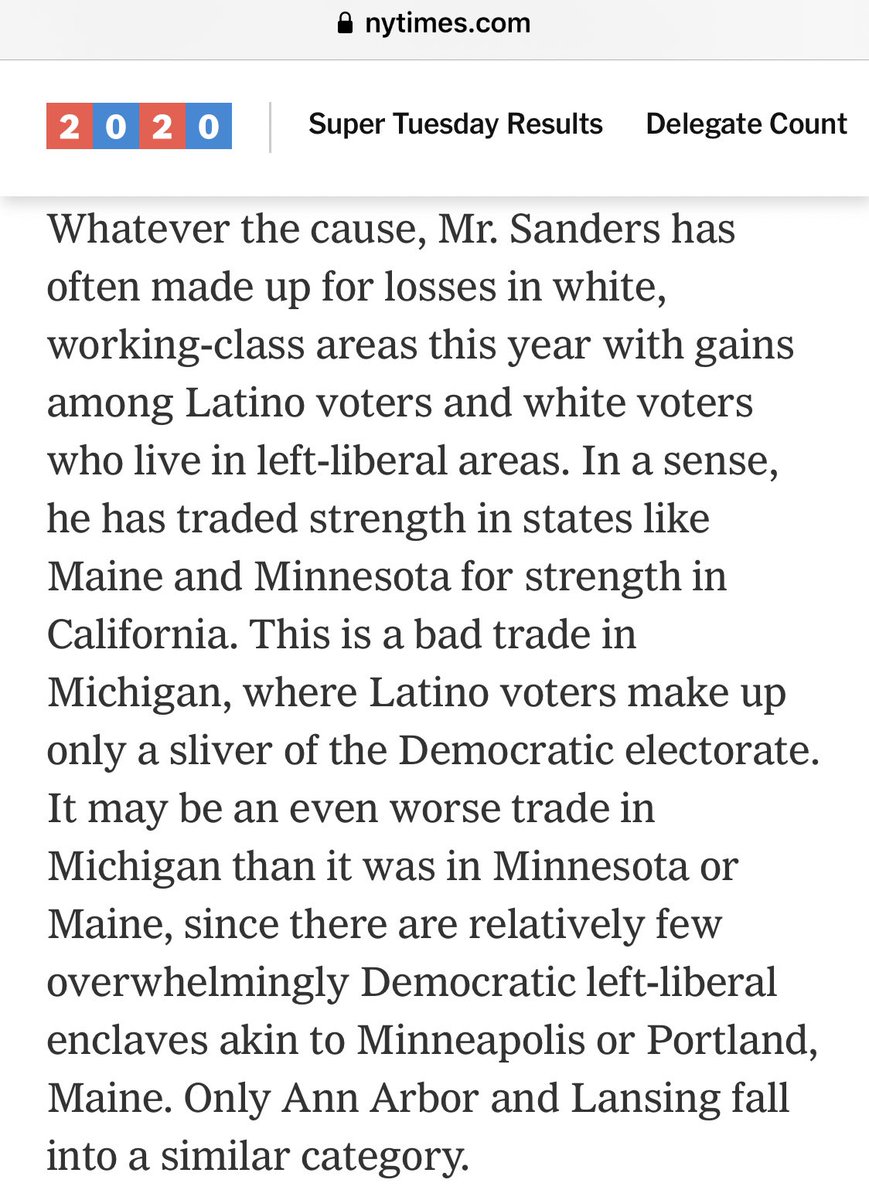  More receipts on how “well” the  #BernieTheAlienator playbook for courting White voters with the Alt Left Southern Strategy worked for him on Super Tuesday, and why that might hamper his efforts in Michigan and beyond:  https://www.nytimes.com/2020/03/06/upshot/bernie-sanders-michigan-problem.html  #coalitionbuilding 