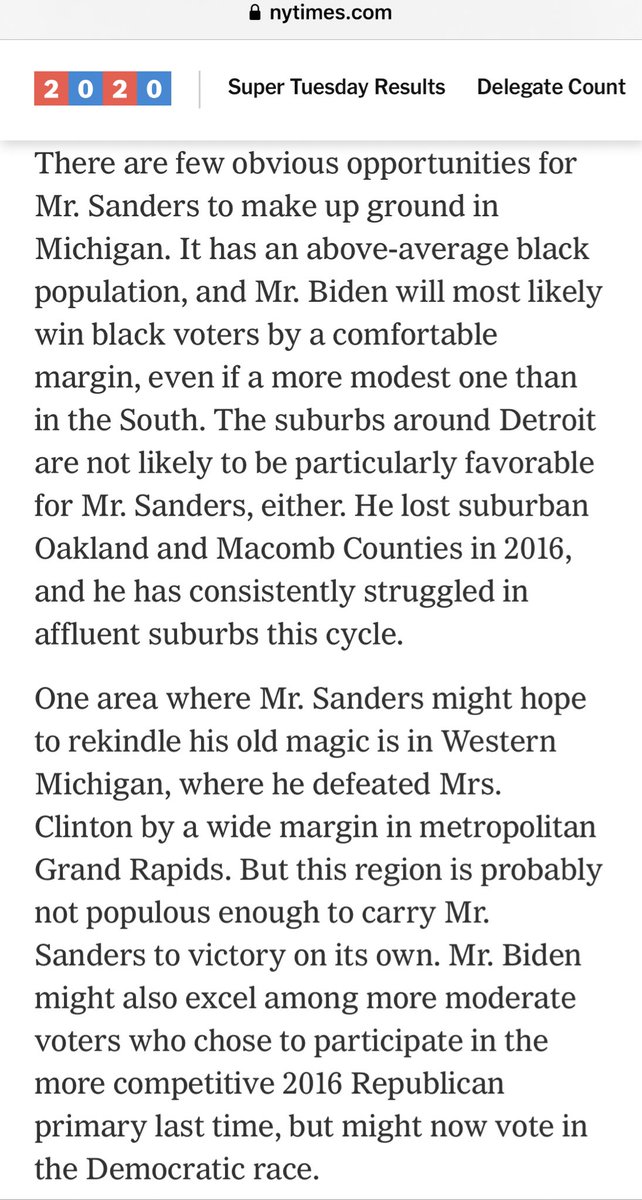  More receipts on how “well” the  #BernieTheAlienator playbook for courting White voters with the Alt Left Southern Strategy worked for him on Super Tuesday, and why that might hamper his efforts in Michigan and beyond:  https://www.nytimes.com/2020/03/06/upshot/bernie-sanders-michigan-problem.html  #coalitionbuilding 