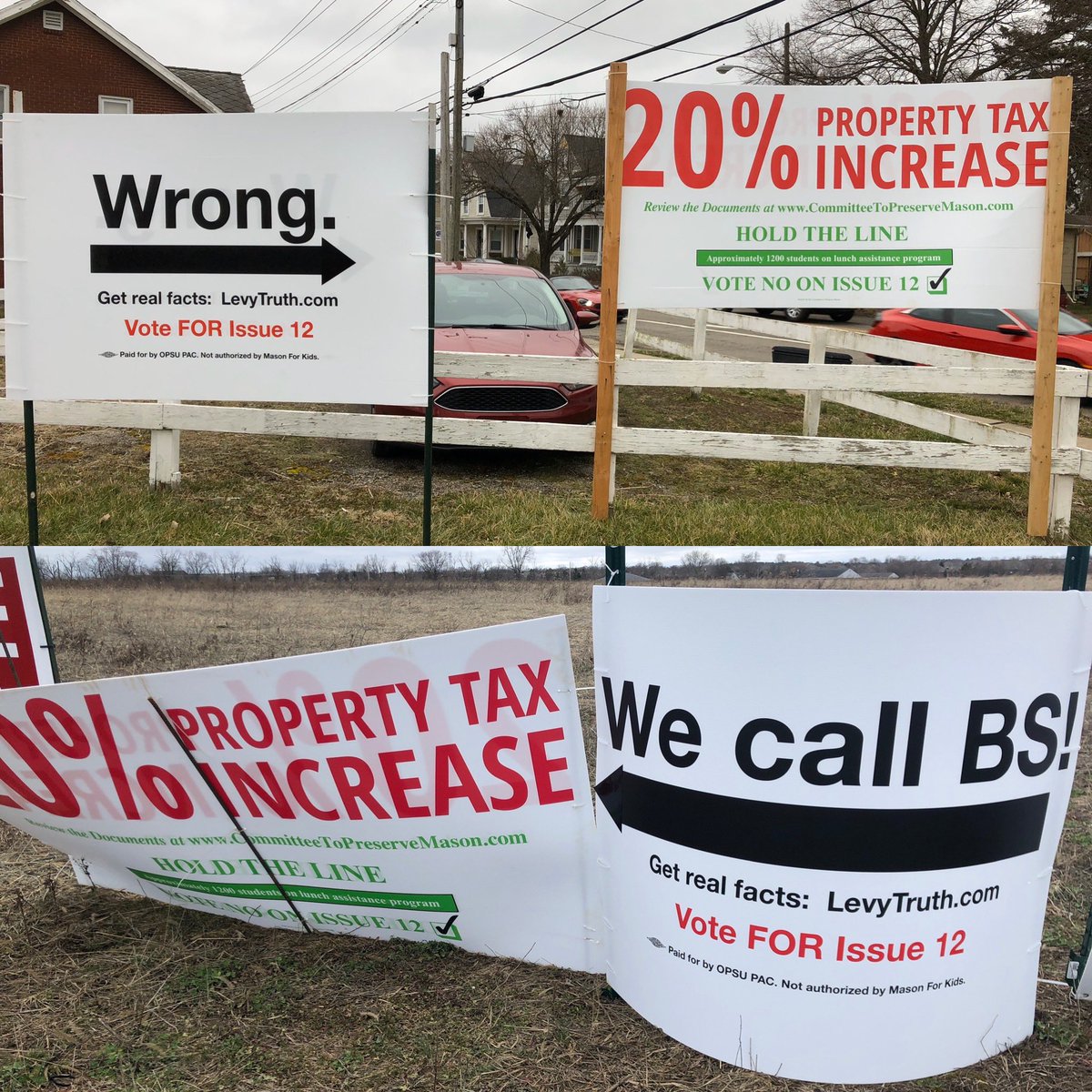 OPSU_PAC's tweet photo. Two new signs today! We believe in our schools and we call BS on those that are speeding lies about the tax increase. #KeepQuality #MasonCitySchools #MasonMoment https://t.co/5knBJVtiEm