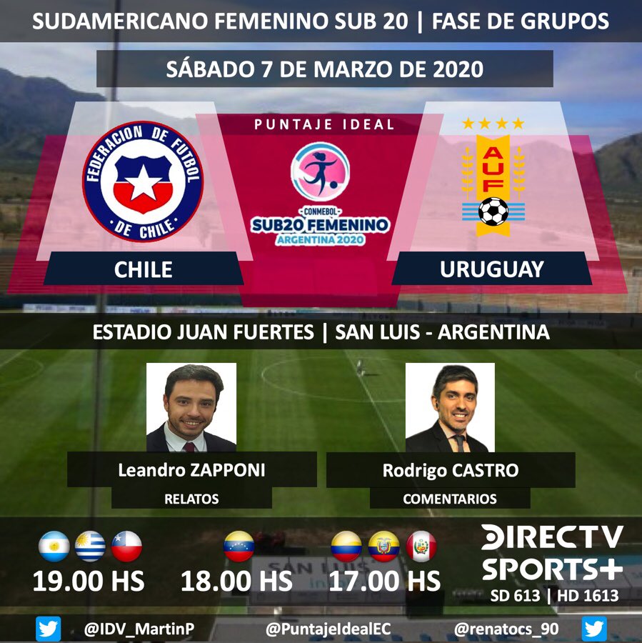 PuntajeIdealEC's tweet photo. ⚽ #SudamericanoSub20 | 🇨🇱@LaRoja vs. @Uruguay 🇺🇾
🎙 Relatos: @leandrozapponi 
🎙 Comentarios: @rodrigojcastro 
📺@DIRECTVSports + (613-1613 HD) Sudamérica
💻📱 #DIRECTVPlay y @DIRECTVGO
🤳 #FutbolEnDIRECTV 
Dale RT 🔃 https://t.co/6sX47iWl1M
