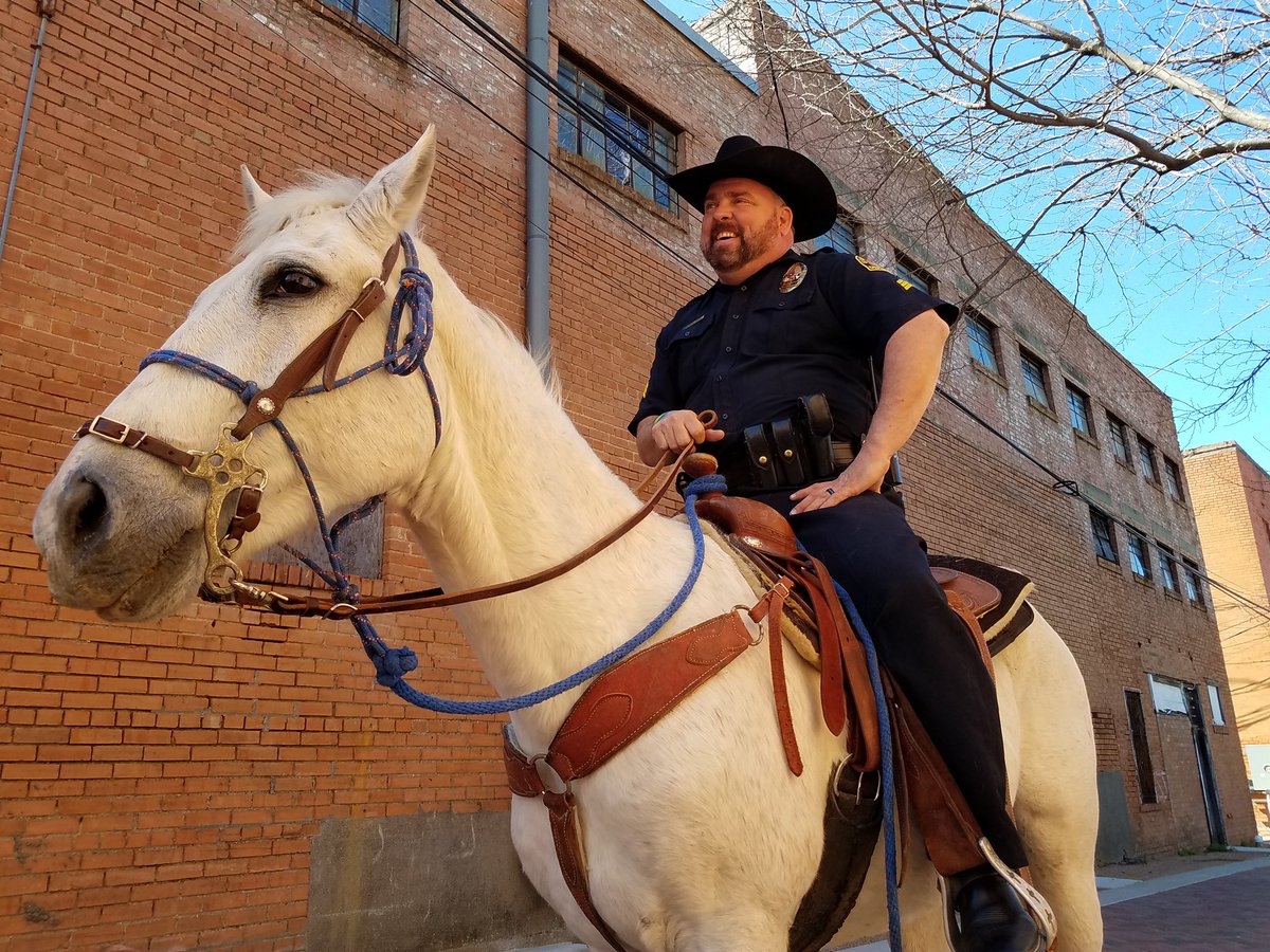 Best_belie's tweet photo. You don’t have to be a large police department to have a Mounted Unit. Just have to have a committed officer and the right horse. Det. Rickman and “Dude” were introduced today to the City of Ennis. Dude has the confidence of a Clydesdale. So proud. https://t.co/8mth3qtkNZ