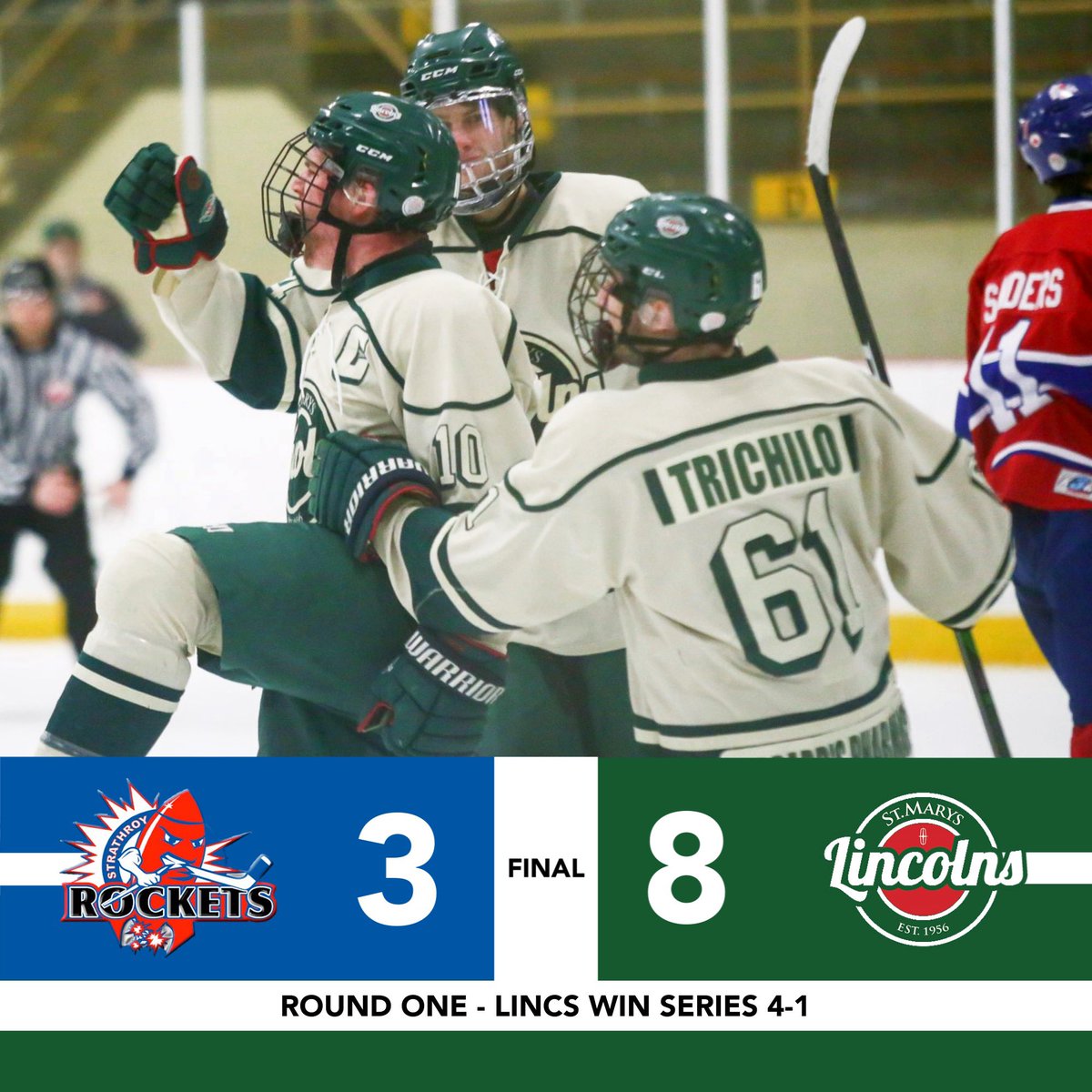 stmlincolns's tweet photo. Lincs win 8-3 and take the series! @brocktric fires a hat trick and we’re off to the Conference Semi Finals #WeAreLincolns https://t.co/jP1PvjDsPk