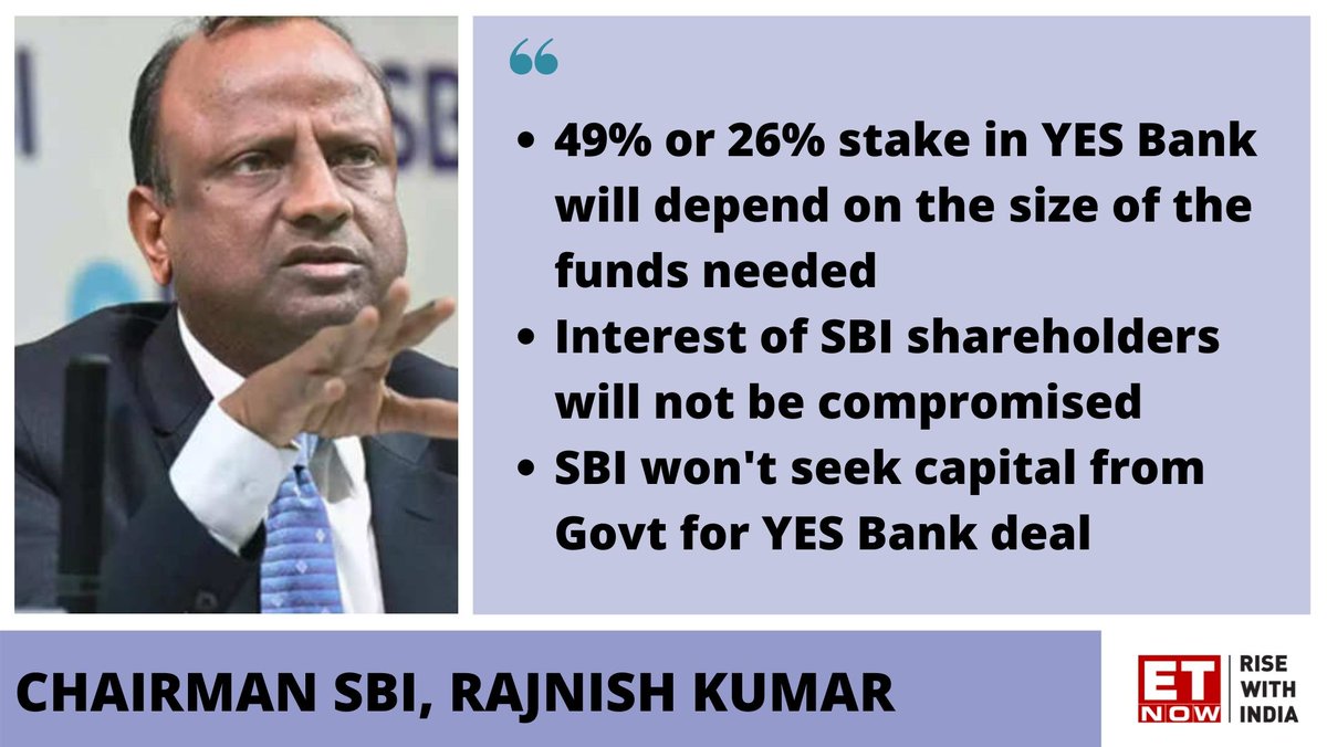 ETNOWlive's tweet photo. #TheYesMess | SBI won't seek capital from Govt for YES Bank deal, says @TheOfficialSBI Chairman, @rkumar1958 https://t.co/nDgUo7Qqr6