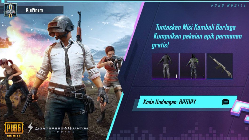Tuntaskan Misi Kembali Berlaga PUBG MOBILE! Kumpulkan pakaian epik permanen gratis! Kode undangan saya: 8PZ0PY ig-url.igamecj.com/D7fFsYmX0XF9