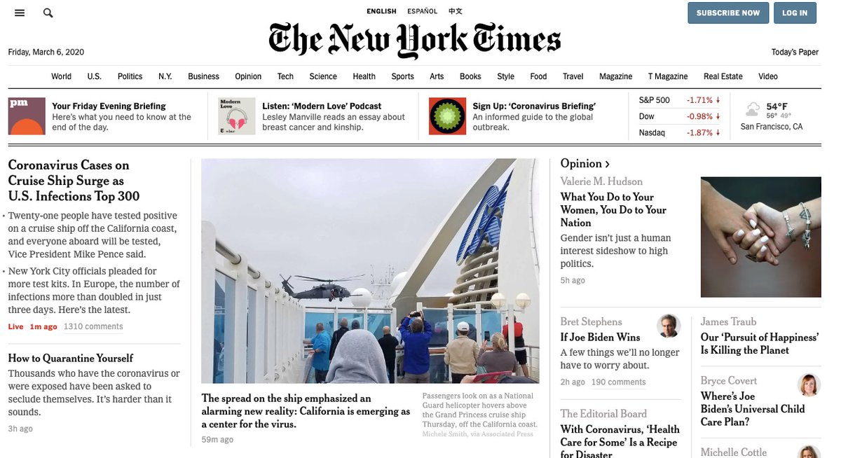 there’s no mention on the front page of  http://nytimes.com  of the fact that the president of the united states made public comments about coronavirus today that indicate he is incapable of competently addressing a public health emergency — and, worse, *unwilling* to do so.