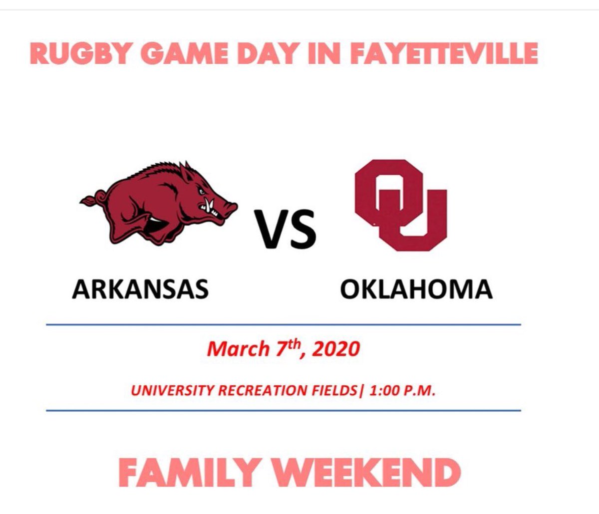FAYETTEVILLE! 

We take on <a href="/arkansasrugby/">Arkansas Rugby</a> in an away leg game. We came out victorious in the first game at home in Norman last semester and we want to replicate that this weekend!