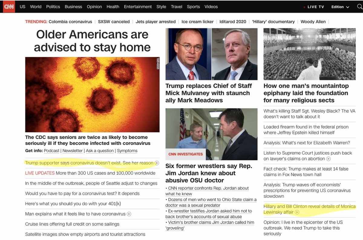  http://CNN.com  front page:1 headline about a Trump supporter saying coronavirus doesn’t exist1 headline about an affair Bill Clinton had a quarter century ago0 headlines about Trump bungling a public health crisis