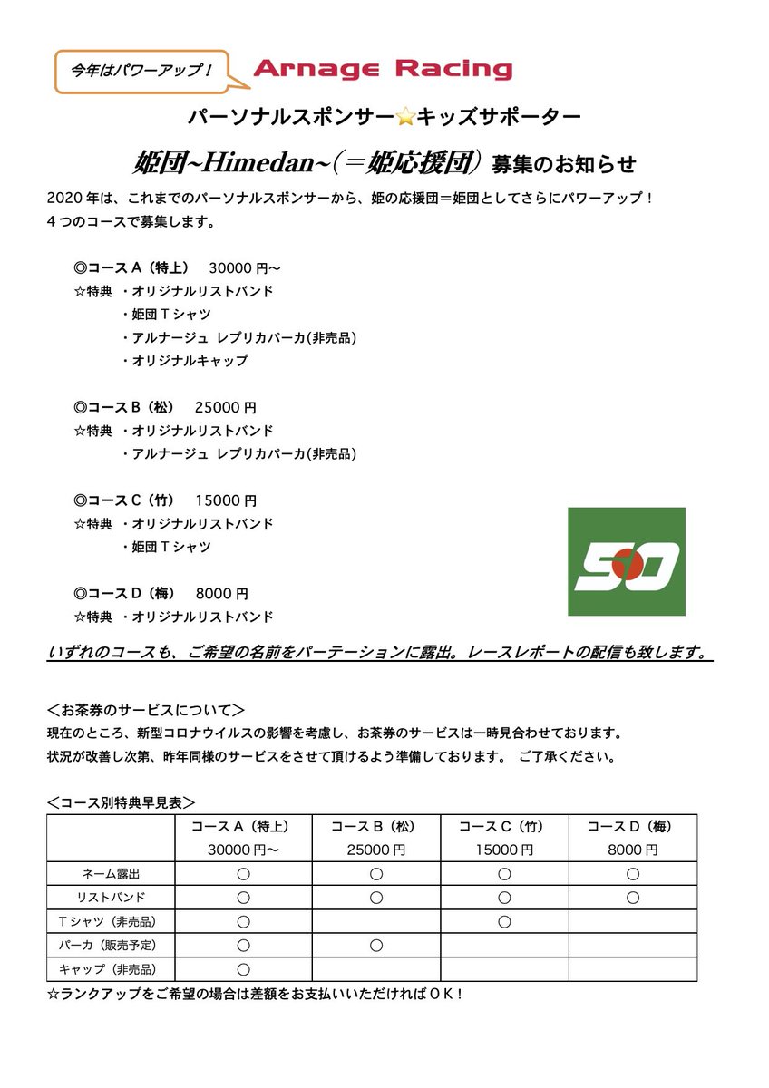 arnage_racing's tweet image. 【告知！】

お待たせしました！
#ArnageRacing  のパーソナルスポンサーの名称を姫の応援団＝「姫団」として、2020姫団の募集を開始します！
今年は4つのコースを設定し、みなさまのご応募をお待ちしています。
募集要項をチェックしたら、
まずはDMからお問い合わせください！

#supergt #姫団募集