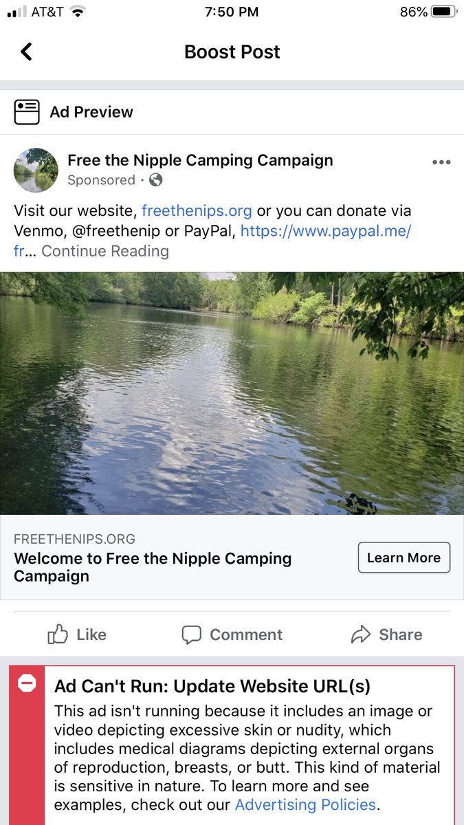 freeanip's tweet photo. FB won’t allow me to “boost” this post because they say it contains nudity and/or sexual images. The picture is literally of a river. There is nothing sexual about this post at all. It’s just about freeing the nipple! #freethenipple #freethenipplecampingcampaign https://t.co/O58pGRmdYI