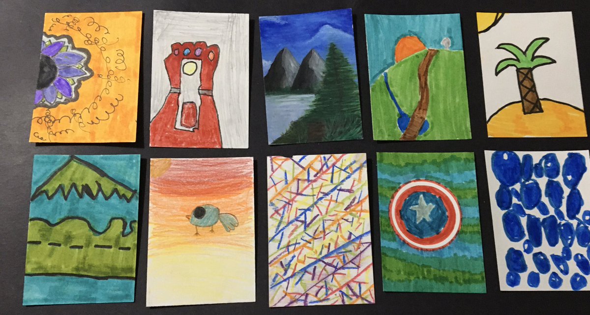 JaneLongArt's tweet photo. So much fun to receive these Artist Trading Cards from Deal, New Jersey and share them with my students!! @artwithmsrusso @MiniMatisse #atcswap https://t.co/PzKMJliO4x