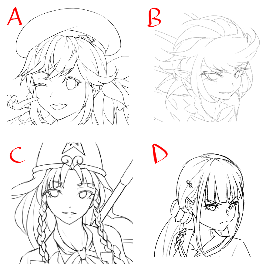 biggest concern i have with my art is definitely faces so i gathered a bunch i've drawn from across time and space, if you could choose which style you like the most that would be neato and will help me a lot (poll in replies) 