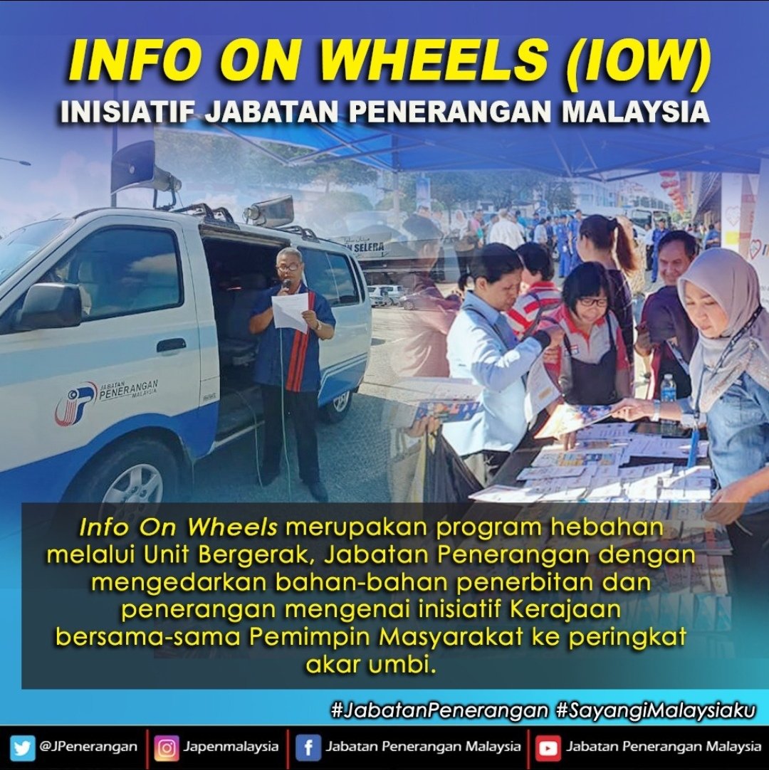 JPenerangan's tweet photo. IOW merupakan satu program hebahan melalui Unit Bergerak, Jabatan Penerangan Malaysia dengan mengedarkan bahan-bahan penerbitan dan penerangan mengenai inisiatif Kerajaan bersama-sama Pemimpin Masyarakat ke peringkat akar umbi

#InfoOnWheels #JabatanPenerangan #SayangiMalaysiaku https://t.co/meDIVb49ws