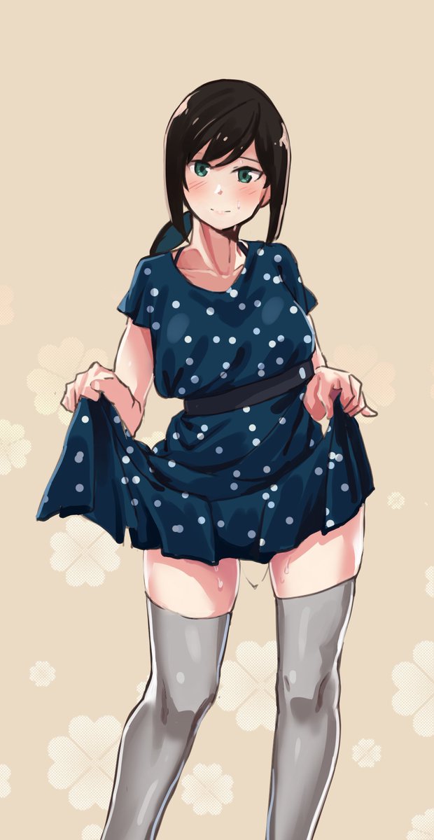 fubuki (kancolle) 1girl polka dot dress solo dress thighhighs black hair low ponytail  illustration images