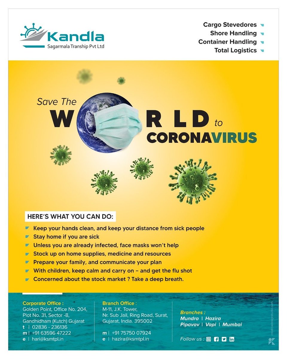 KandlaLtd's tweet photo. Save the World to Coronavirus!!
#Coronavirus #Virus #SaveTheWorld #KandlaSagarmala #Kandla #Tranship #CargoStevedores #shorehandling #ContainerHandling #TotalLogistics #Gandhidham #Gujarat #surat #India #Bondedwarehouse #KandlaTranshippvtltd #KandlatTranship #likeforlike https://t.co/IFm9On3hnl