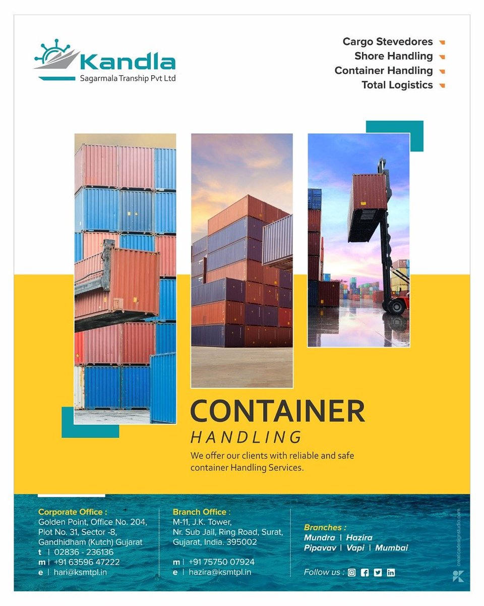 KandlaLtd's tweet photo. Container Handling!!
We offer our clients with reliable and safe container Handling Services!!

#KandlaSagarmala #Kandla #Tranship #CargoStevedores #shorehandling #ContainerHandling #TotalLogistics #Gandhidham #Gujarat #surat #India #Bondedwarehouse #KandlaTranshippvtltd https://t.co/es3V2Y9G2C