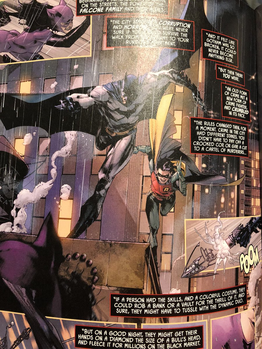 EltdPodcast's tweet photo. @JamesTheFourth I was reading issue 90 and I saw this panel. With Catwoman in her 90’s outfit, by the way should be her full time suit... anyway I see Batman and Robin. Are we to assume that’s Tim given Catwoman’s look or is that Dick (New 52 suit)? #moreDrake https://t.co/09KkfDHky7