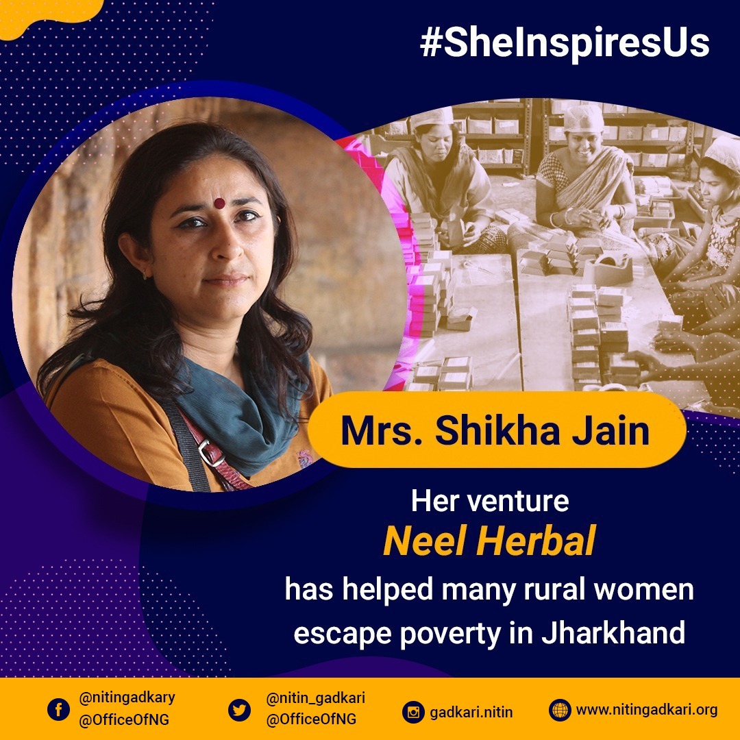 nitin_gadkari's tweet photo. #WomensDay #SheInspiresUs 
Mrs Shikha Jain is transforming the lives of rural women in Jharkhand. After leaving her corporate job along with her husband, she started her venture Neel Herbal and began making handmade soaps. https://t.co/7JXO0amF5m
