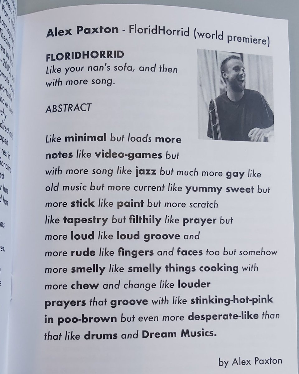 MaconchyQuartet's tweet photo. Programme notes for FloridHorrid by Alex Paxton - don't miss out on hearing this wonderful and wacky piece for the first time ever, tomorrow at RETAKE! 1pm, 8th March, @ the Tabernacle Notting hill.
#maconchyquartet #retakeconcerts https://t.co/rem430pnxS