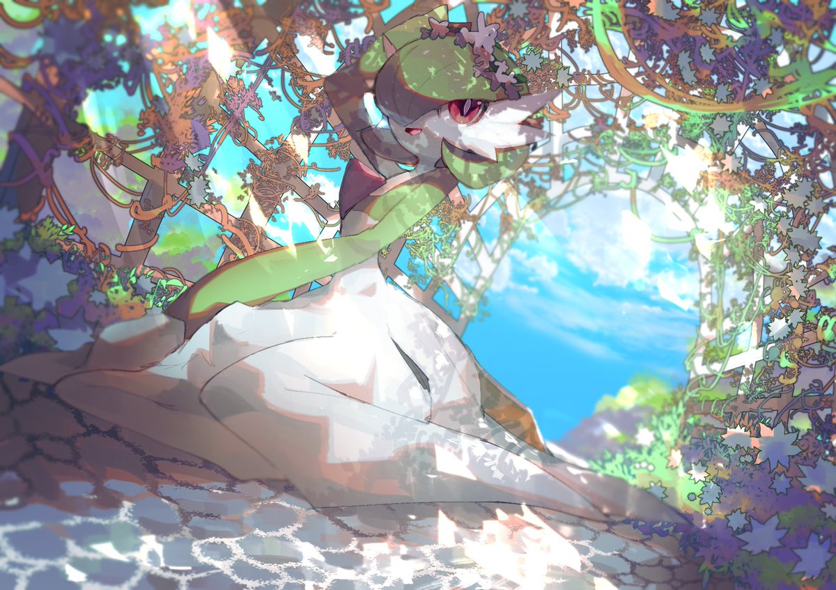gardevoir pokemon (creature) solo red eyes outdoors sky green hair day  illustration images
