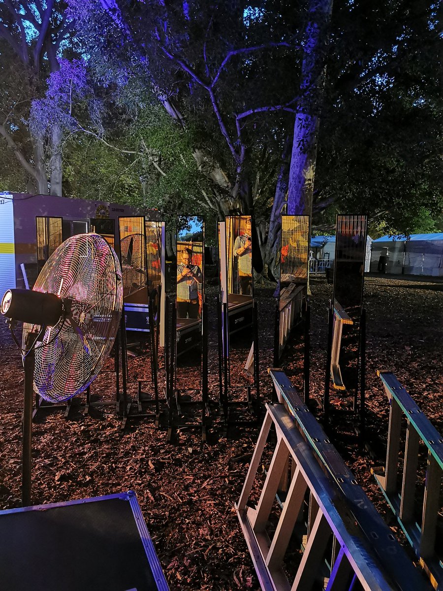objetacreative's tweet photo. Mirrors set up backstage under the glorious old trees for @kathrynjoseph_ @crypticglasgow perfomance @WOMADelaide TONIGHT at 9:30pm at Morton Bay Stage https://t.co/wCS1CBTcte