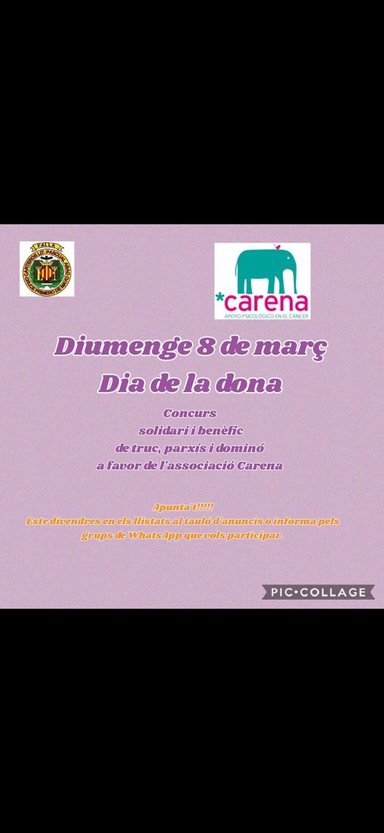 AsocCarena's tweet photo. Queremos agradecer a la FALLA CARTEROS que un año más colabora con Carena, organizando un acto benéfico. En este caso para pasarlo bien jugando a los juegos de toda la vida....PARCHIS, TRUC Y DOMINO. Animaros a participar...
Gracias amigos!!! #fallasolidaria #ContraElCancer https://t.co/aT5chFB18m