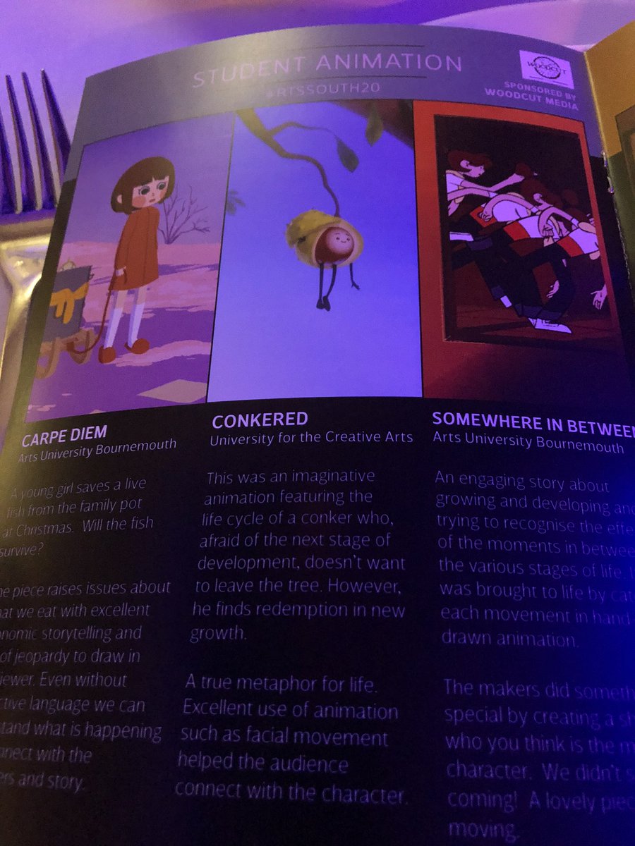 Lyndsayduthie's tweet photo. Well done to @UniCreativeArts @UCAanimation students nominated for @RTS_media RTS South award 👏👏👏Your work looked outstanding on the big screen #rts #UCA https://t.co/Cjsncbn7NU