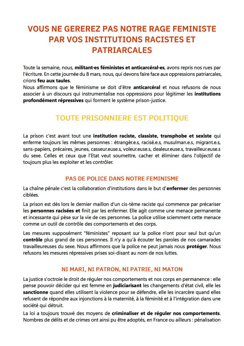 8marsAntitaule's tweet photo. POUR UN FEMINISME ANTICARCERAL 🔥

VOUS NE GEREREZ PAS NOTRE RAGE FEMINISTE PAR VOS INSTITUTIONS RACISTES ET PATRIARCALES !

#8mars
#anticarcéral https://t.co/L9pNVJvPzH