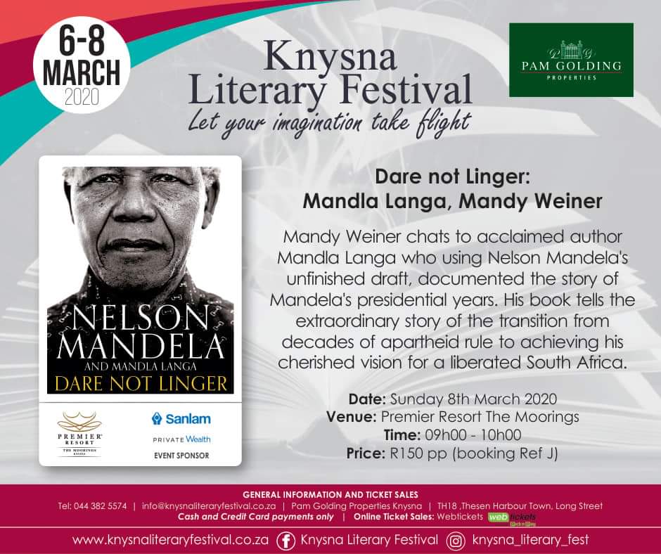 KnysnaLitFest's tweet photo. Join Mandy Wiener in conversation with acclaimed author, Mandla Langa, on Sunday 8 March at The Knysna Literary Festival. They will be talking about #DareNotLinger, the extraordinary story of Nelson Mandela’s presidential years.
Book your ticket here: https://t.co/6HmpEw5rhQ https://t.co/hs2oxtVHZs