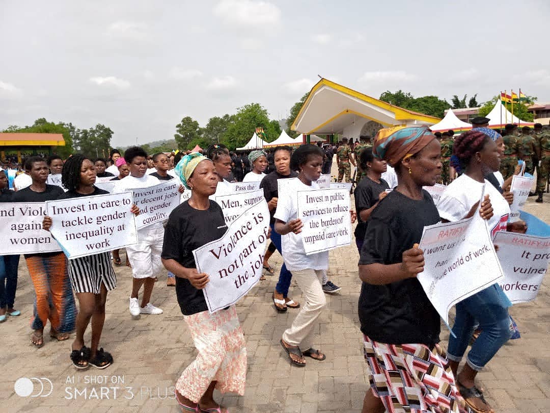 ActionAidGhana's tweet photo. 1 day to #StoptheWorld
___
We are gearing up for the @WomensGblStrike tomorrow
___
Yesterday, we joined the Volta Regional Independence Day Parade calling on the government of Ghana to #RatifyILOConvention190 
__
#IWD2020 #AllWomenWork #ActionAid #ActionAidGhana https://t.co/V4WhNcvGcv