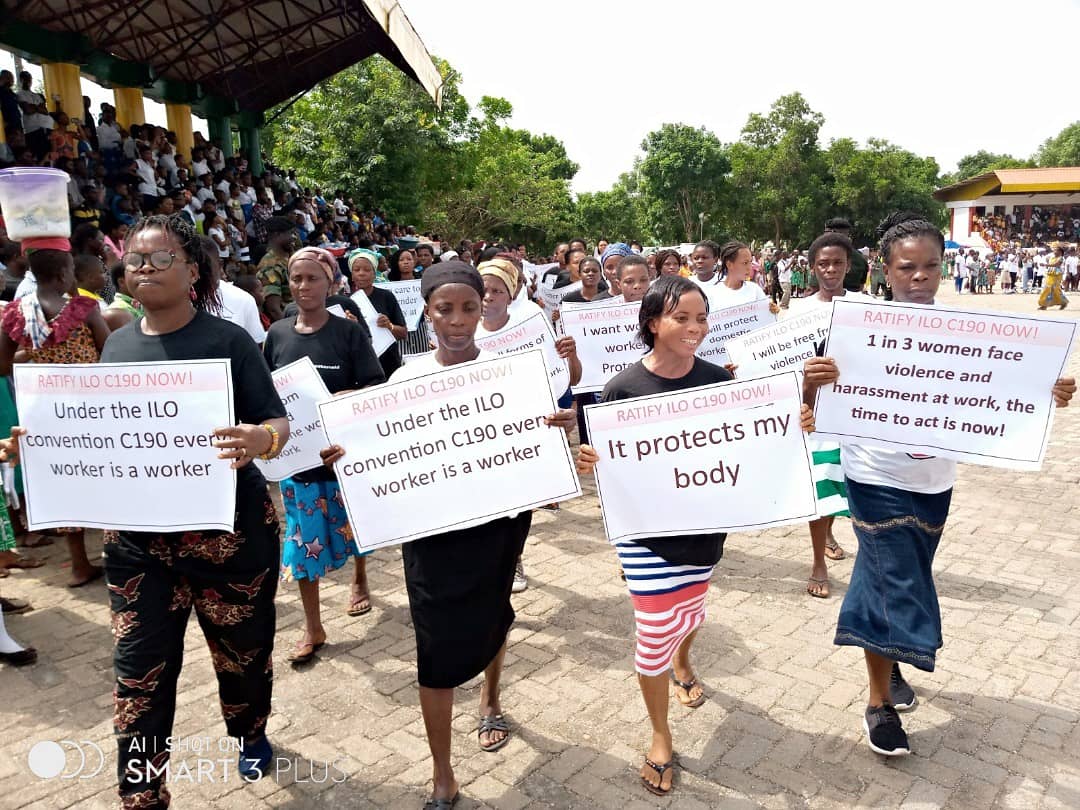 ActionAidGhana's tweet photo. 1 day to #StoptheWorld
___
We are gearing up for the @WomensGblStrike tomorrow
___
Yesterday, we joined the Volta Regional Independence Day Parade calling on the government of Ghana to #RatifyILOConvention190 
__
#IWD2020 #AllWomenWork #ActionAid #ActionAidGhana https://t.co/V4WhNcvGcv