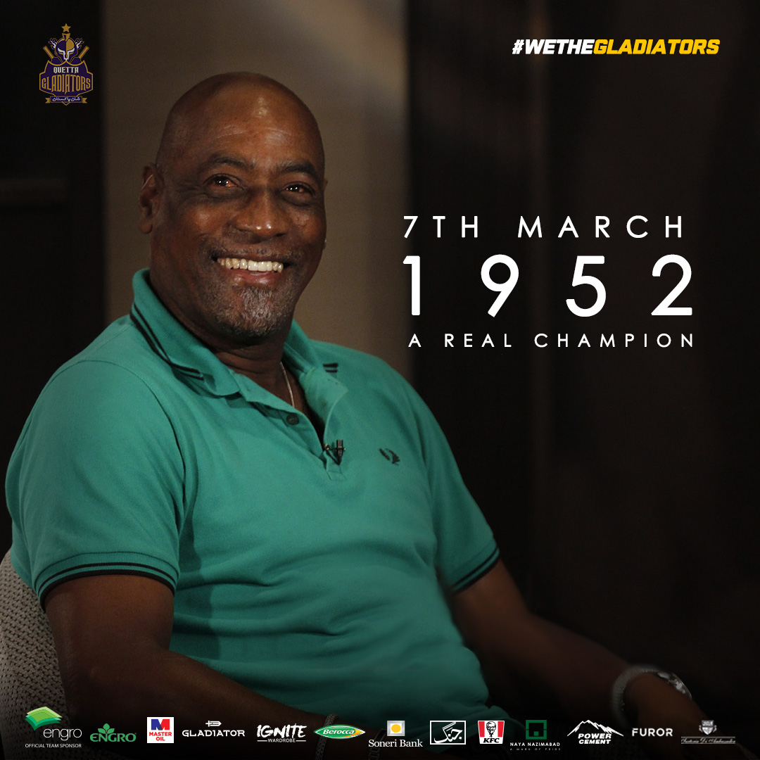 TeamQuetta's tweet photo. It’s The King @ivivianrichards' Birthday!
Time to give him a perfect gift Gladiators. A win tonight will serve really well.

#WeTheGladiators #PurpleForce #ShanePakistan https://t.co/UU650boFZG
