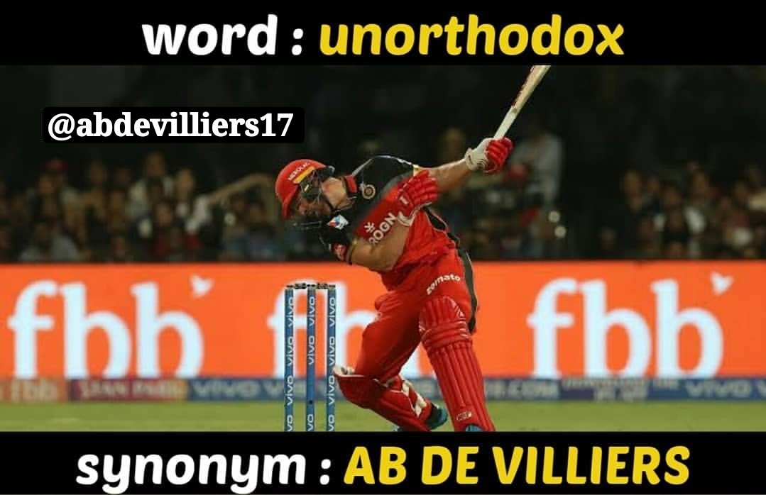 abdsuperfan17's tweet photo. ✨Word : Unorthodox
✨Synonym : @ABdeVilliers17
#cricket_needs_abdevilliers
#mr360 #superman #abdelove #abdloveforever
@RCBTweets @IPL @T20WorldCup @OfficialCSA @cricketworldcup https://t.co/eAegk5otXm